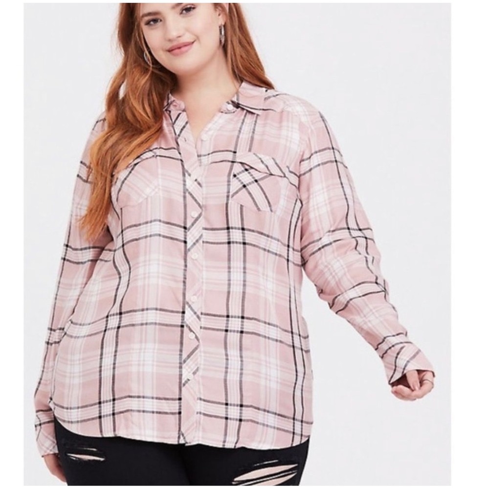 Torrid Pink Challis Plaid Button Up Shirt Womens 5 5X Long Sleeve Blouse